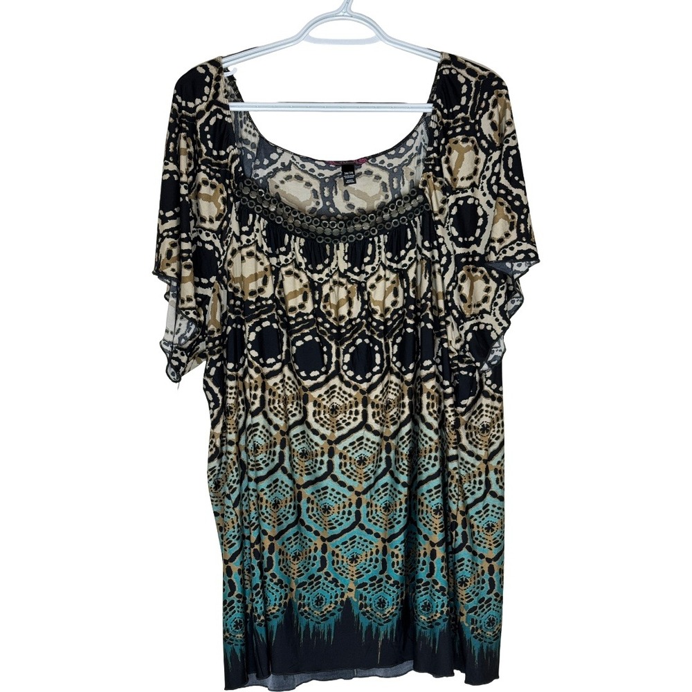 Deluxe Blouse Womens 26/28 Black Teal Geometric Studded Flutter Sleeve Tunic Top